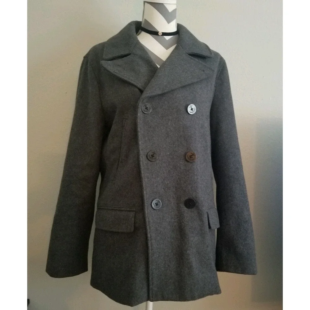 GAP Women Wool Blend Jacket Coat Peacoat Sz M Gray double breasted lined